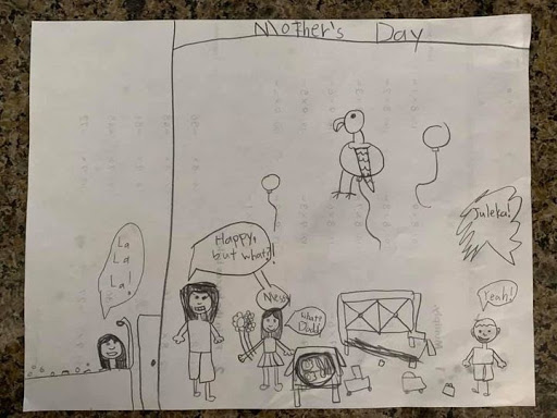 Mother's day drawing with a mom having a bubble bath, girl giving flowers, a boy playing in a messy room, and an eagle flying above