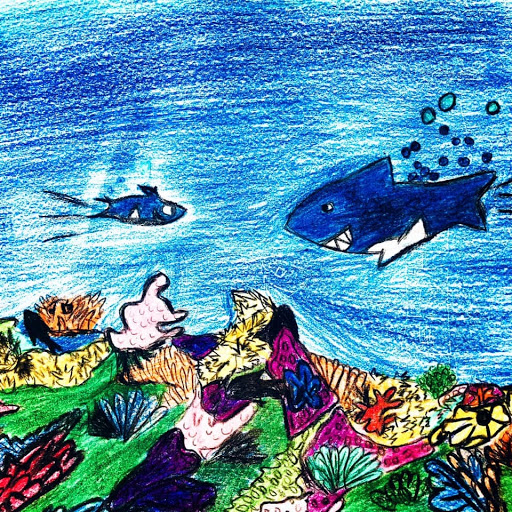 Blue-themed underwater drawing with colorful coral reefs, fish, and shark