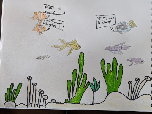 Simple drawing of an underwater scene with corals and fishes
