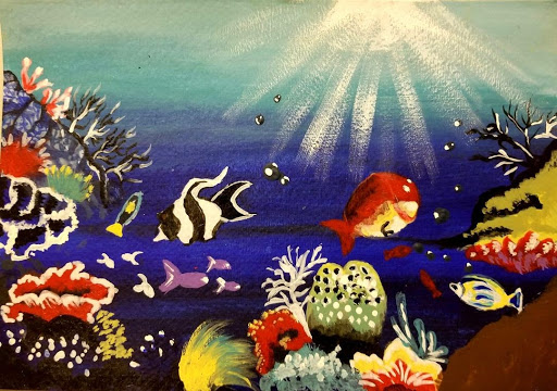 Colorful underwater drawing of different corals, fishes, and clam with light dispersed in water
