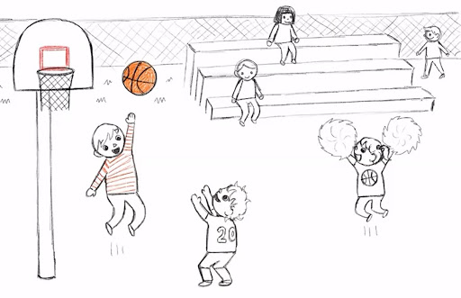 Drawing of a basketball game scene